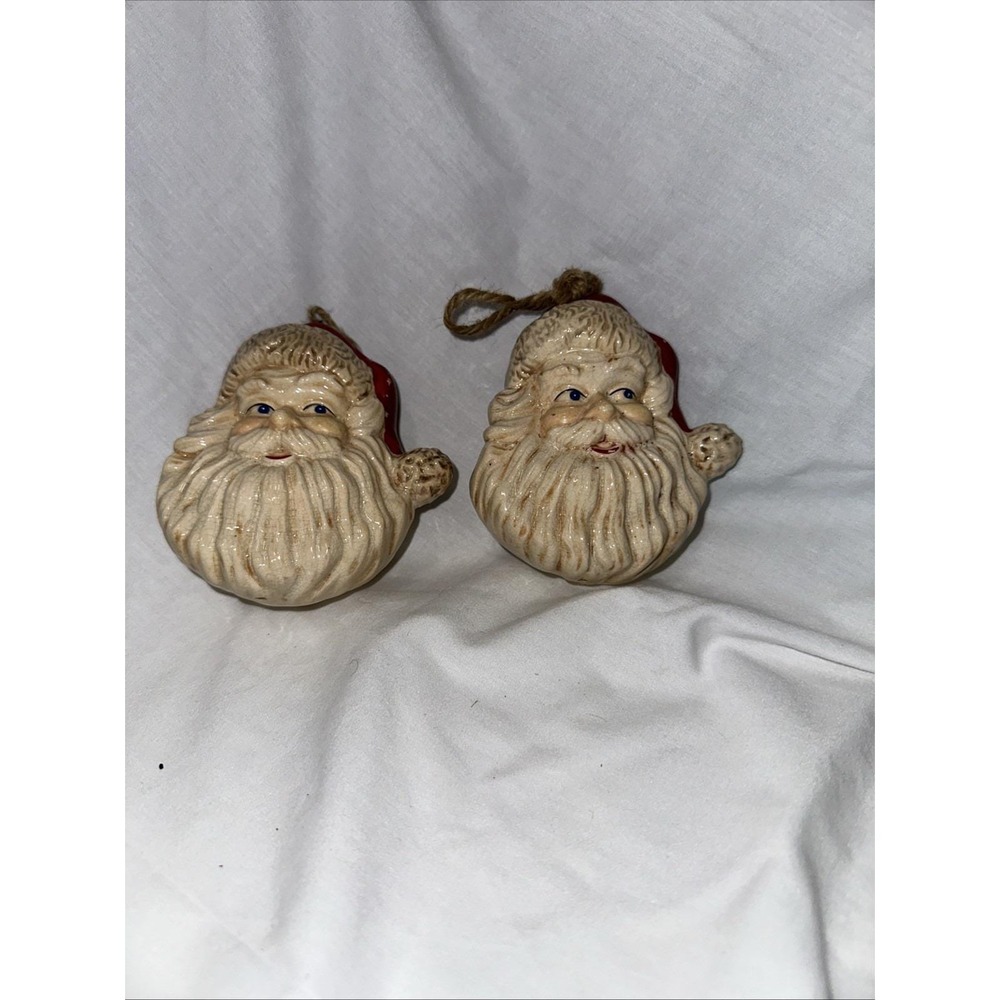 2 Vintage Ceramic Santa Clause Ornaments, Krackling, Chipping,Each 5x4x2.5",Read